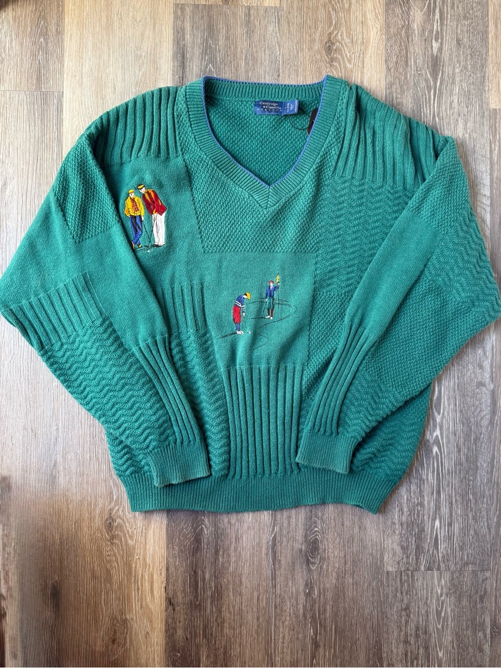 Vintage 90s Green V-Neck Sweater with Golf Embroidery Made in USA 100% Cotton